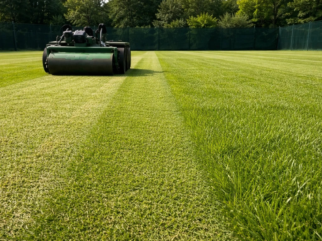 Terrain de tennis : bande d’herbe fraîchement tondue à côté d’herbe un peu plus haute.