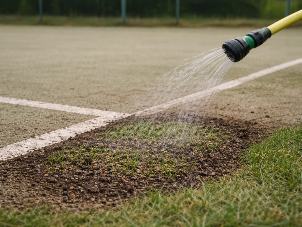 Sursemis de gazon dans une zone clairsemée, graines visibles avec arrosage immédiat, terrain de tennis