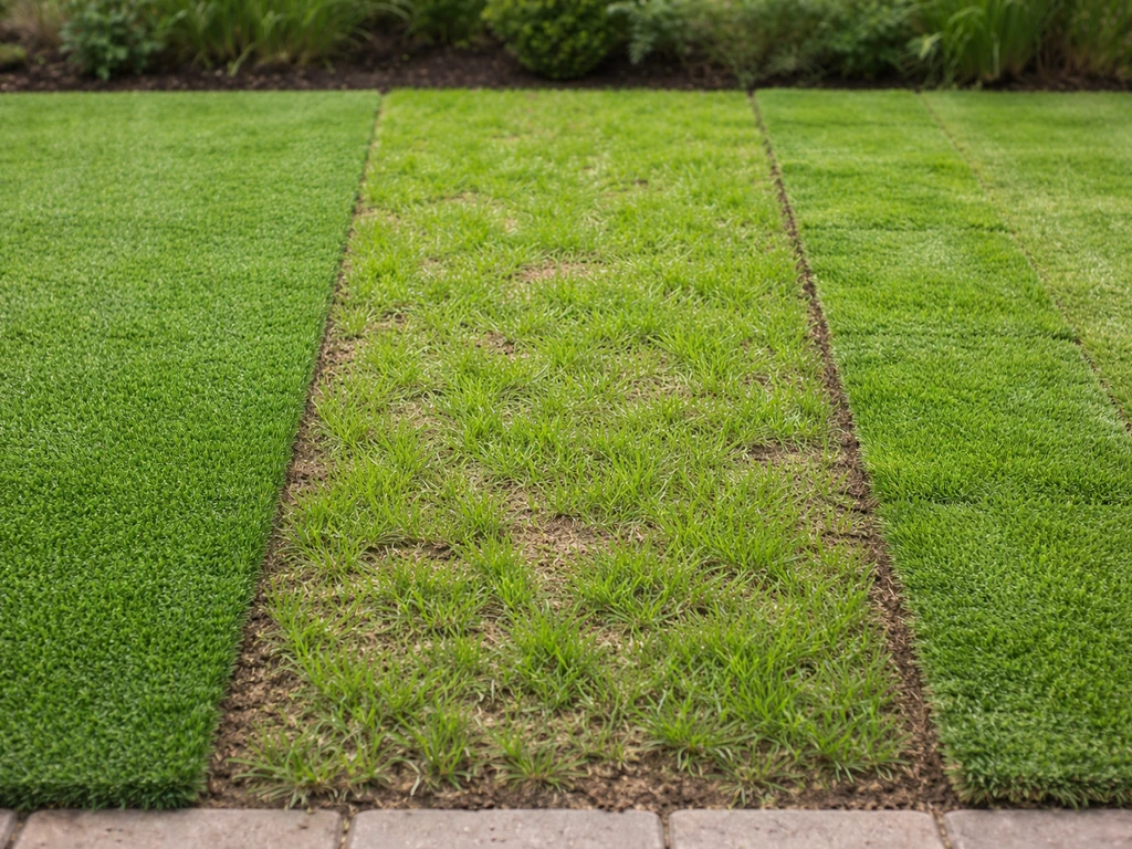 Trois zones de jardin côte à côte : gazon synthétique, pelouse en semis et pelouse en rouleaux.