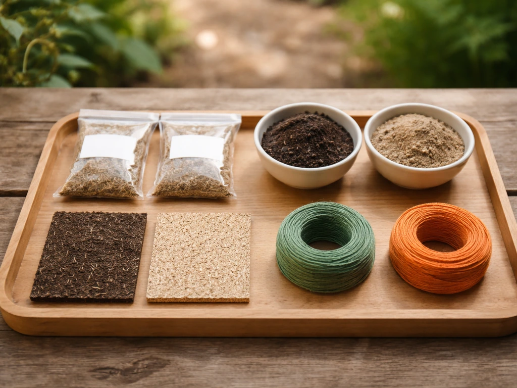 Échantillons de sol et semences sur une table de jardin, objets organisés pour guider le choix du gazon.