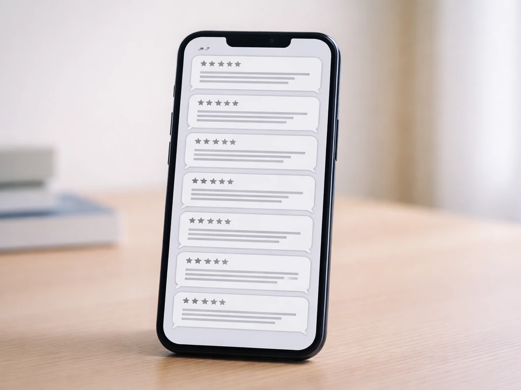 Smartphone affichant plusieurs avis très courts et identiques, sans photos, sur un bureau clair.