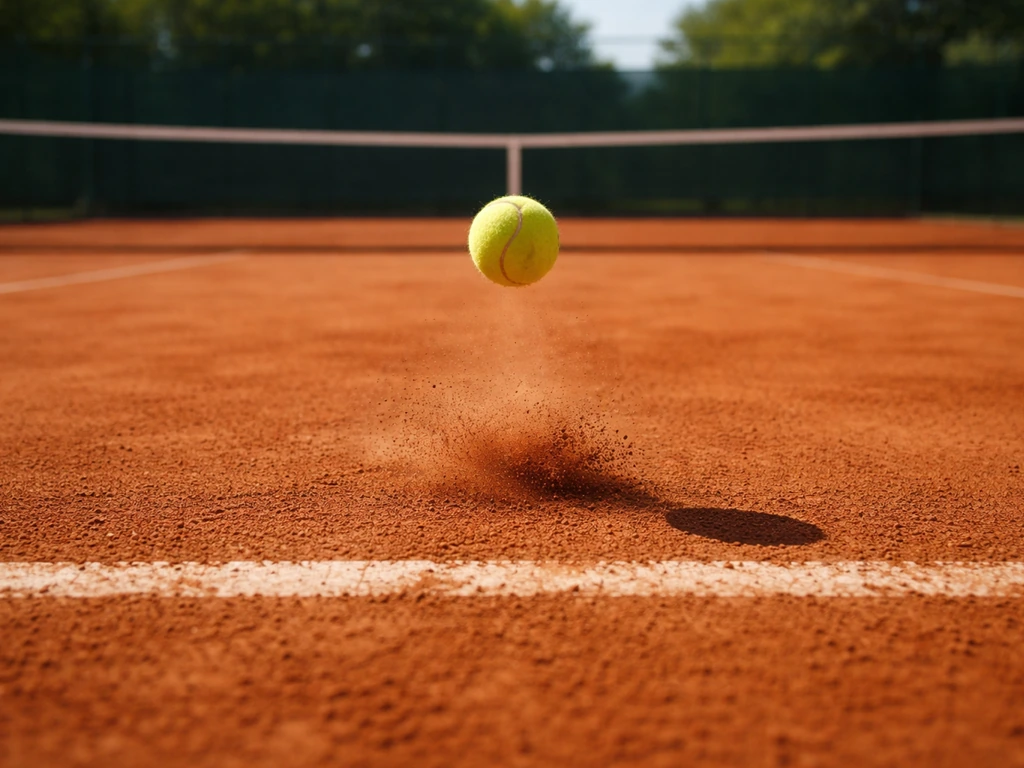 Court de tennis en terre battue, balle suspendue juste après l’impact avec un léger effet de rebond.