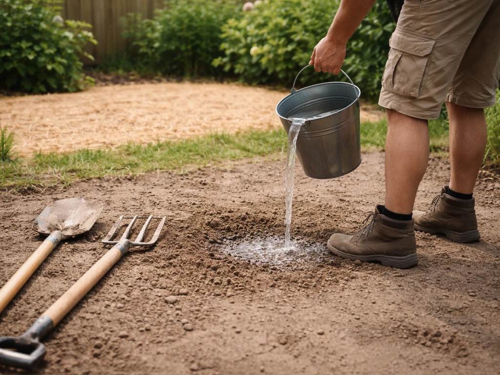 Une personne verse de l’eau sur de la terre battue pour tester le drainage avant de préparer une pelouse.