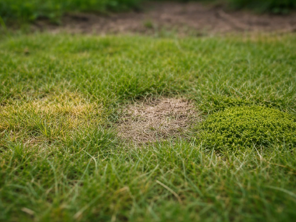 Gazon au sol montrant taches jaunes, zones mates et mousse, textures nettes, sans texte.