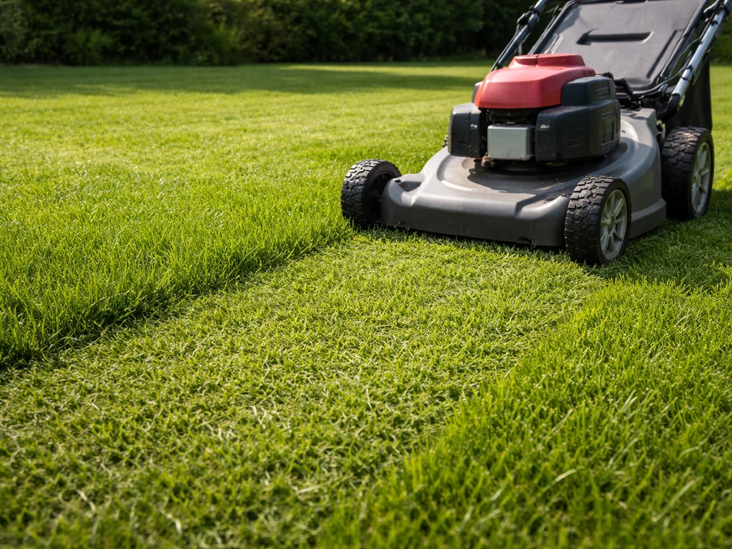 Pelouse fraîchement tondue, tondeuse réglée, brins d’herbe denses à hauteur optimale.
