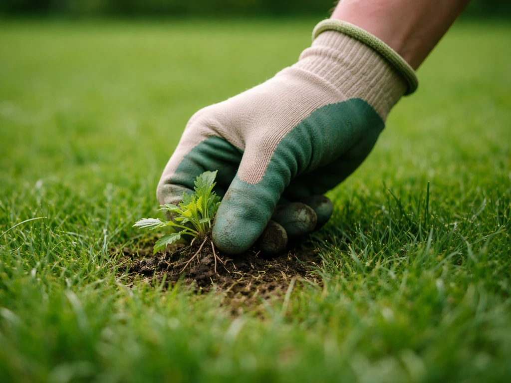 Main gantée arrachant une mauvaise herbe isolée dans un gazon dense et vert, extérieur jardin.