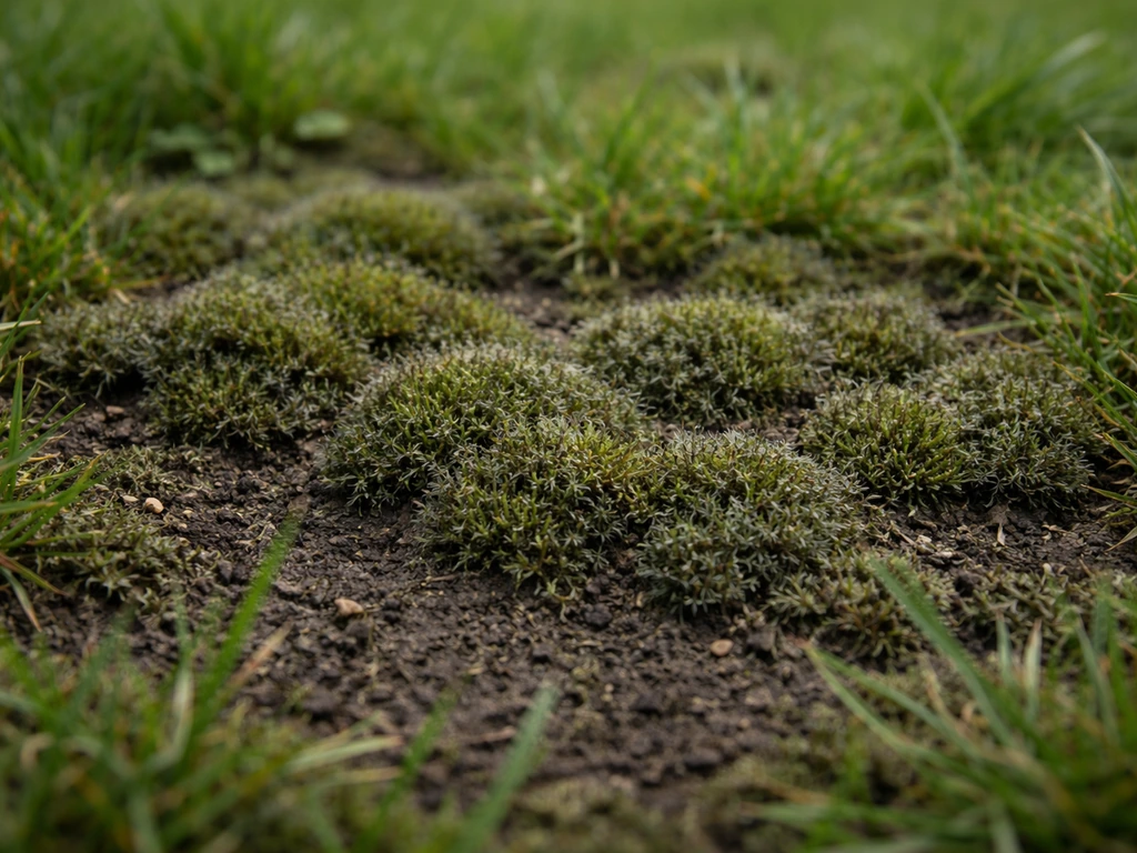 Gros plan sur de la mousse accumulée sur un gazon en rouleaux, sol sombre et compact en dessous.