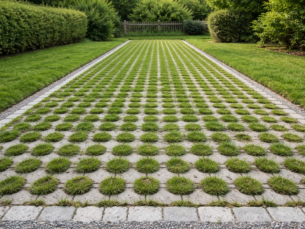Parking enherbé en dalles gazon alvéolées, bien alignées, avec herbe et bordure en gravier, en jardin.
