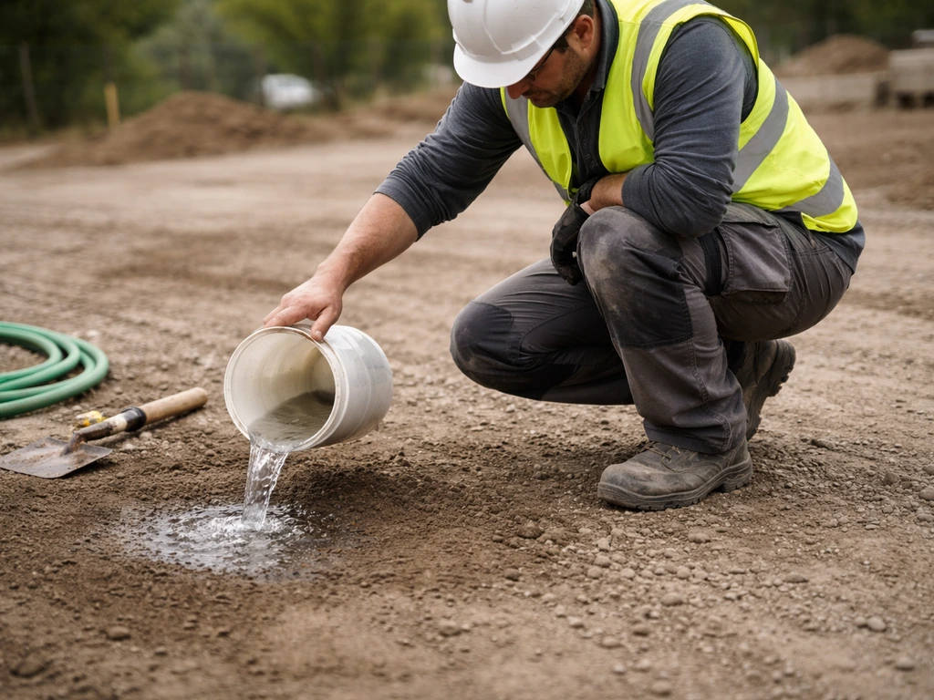 Chantier : un ouvrier verse de l’eau sur un sol préparé pour tester l’infiltration et la vitesse d’évacuation.