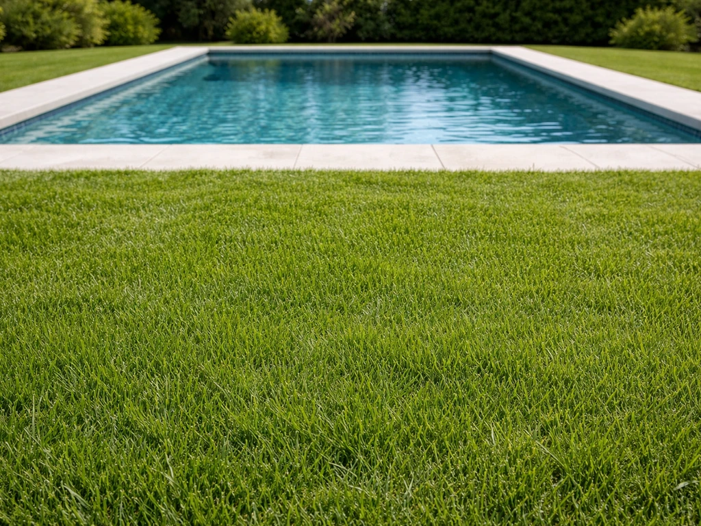 Tour de piscine avec pelouse dense et bordure de margelles nette, vue vers le bassin sans personnes.