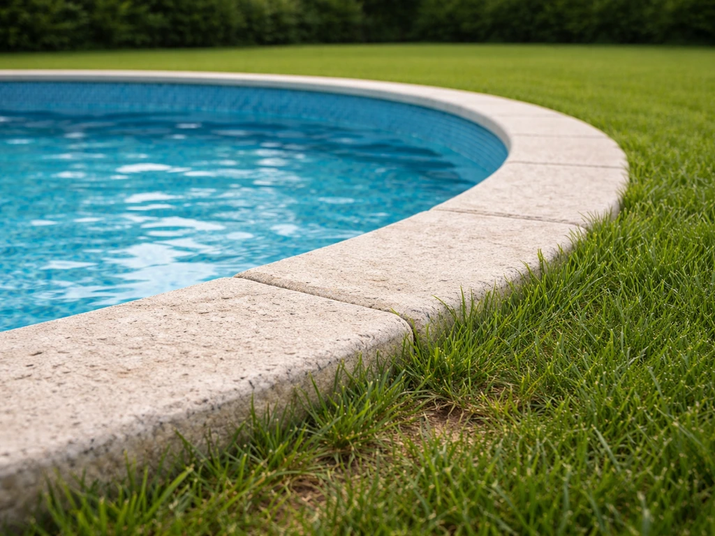 Bande de pelouse autour d’une piscine, au contact des margelles, avec rive plus humide visible.