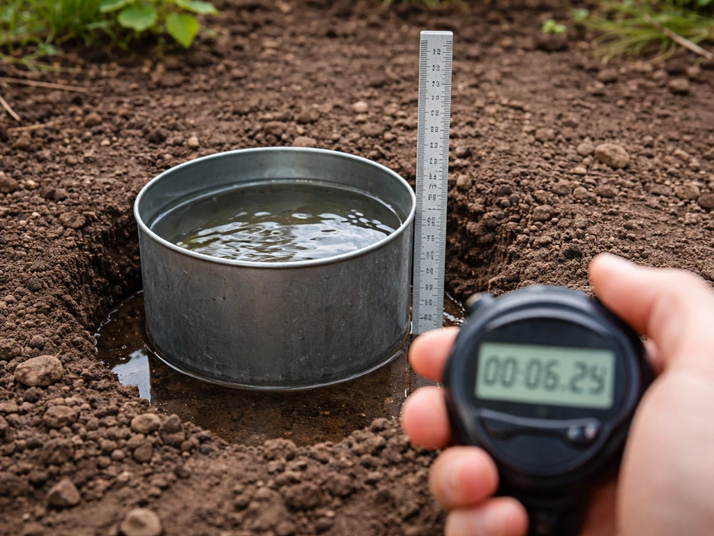 Un seau sans fond enfoncé dans le sol, rempli d’eau, pendant un test d’infiltration.