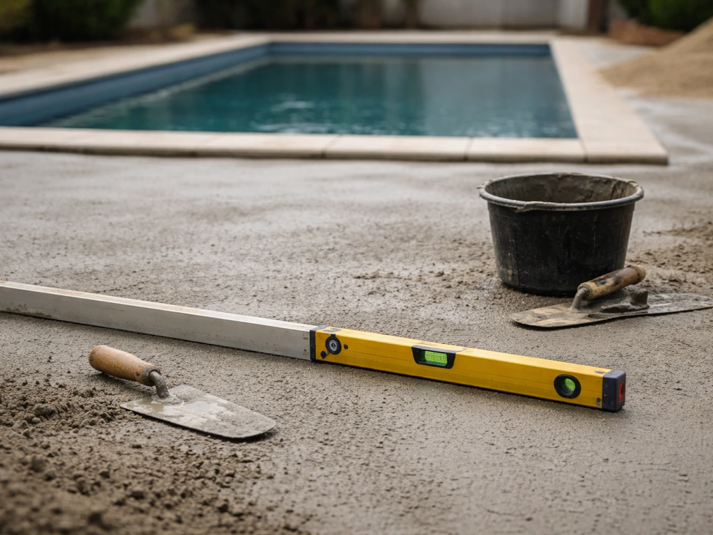 Niveau à bulle posé au sol, chantier autour d’une piscine : sol nivelé avant pose du tour de gazon