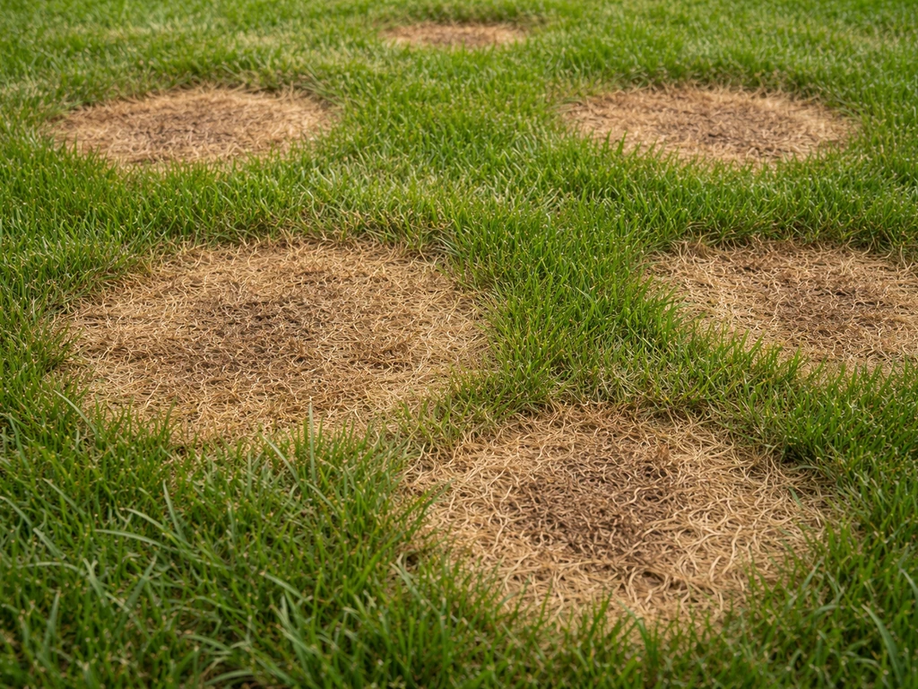 Gros plan sur une pelouse avec des taches brunes bien délimitées, typiques d’une brûlure en plaques.