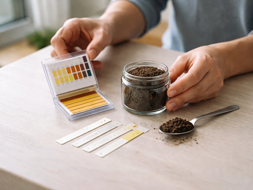 Mains préparant un test de pH : bandelettes, petit échantillon de terre et récipient en verre sur table.