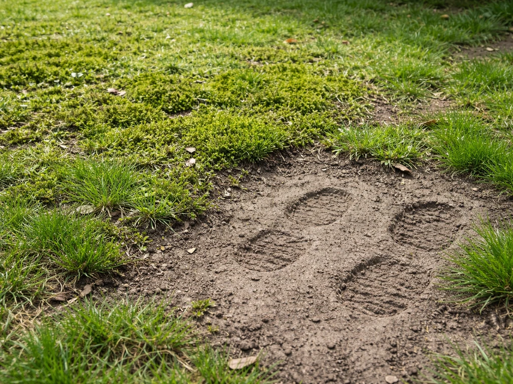 Pelouse partiellement tondue : plaques de mousse visibles et sol dur compacté, avec traces de pas.