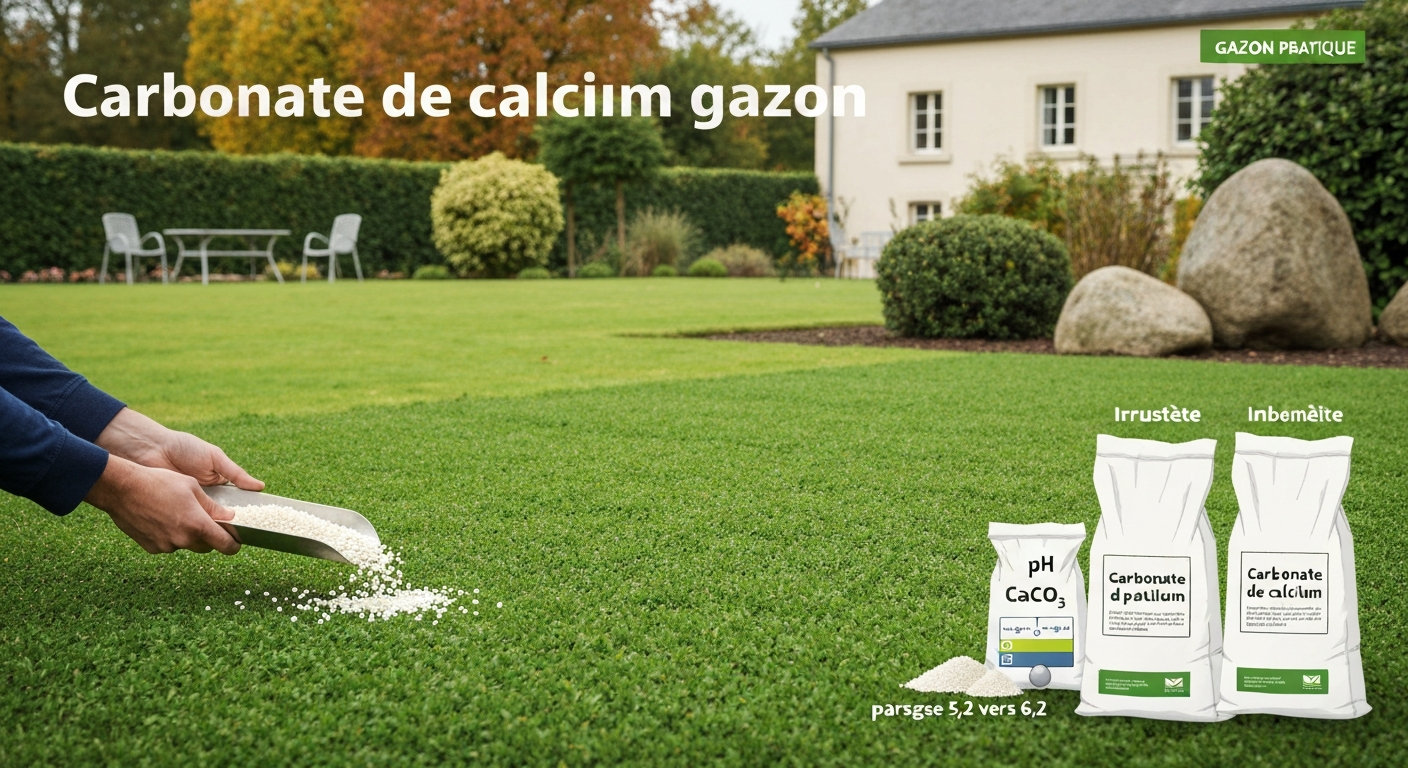 Pelouse en cours d'épandage de carbonate de calcium avec épandeur et sacs, vignette montrant CaCO3 et hausse du pH