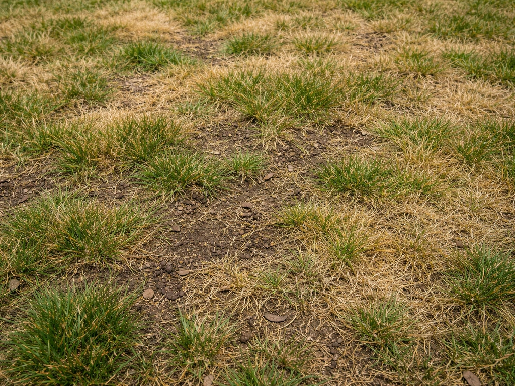 Gazon abîmé avec plaques jaunes et brunes, herbe clairsemée et zones compactées.