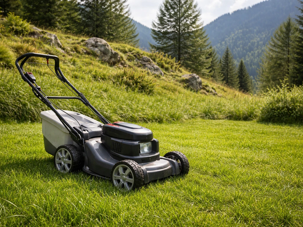 Tondeuse réglée sur une pelouse en altitude, herbe laissée haute pour protéger le sol.