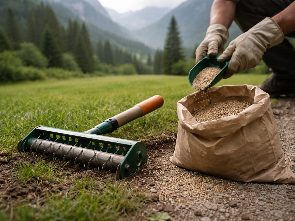 Outils de jardin et sachet de semences sur une pelouse de montagne, suggérant un plan d’entretien saisonnier
