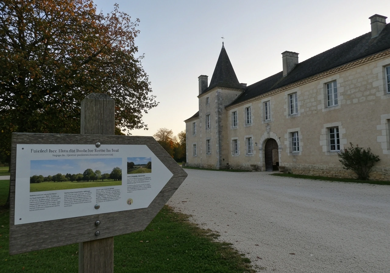Façade de château patrimonial avec un panneau directionnel indiquant l’entrée, évoquant « Château de Gazon » comme lieu
