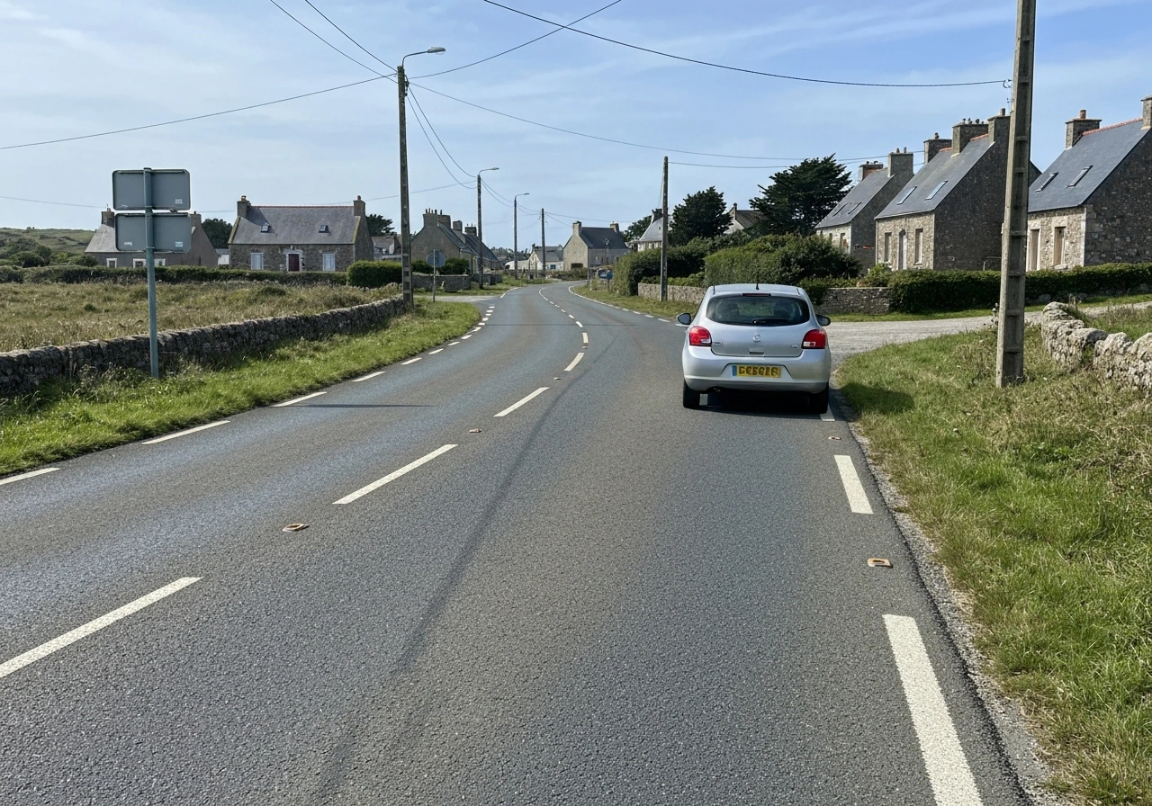 Voiture sur une route bretonne avec un embranchement vers un petit village au loin