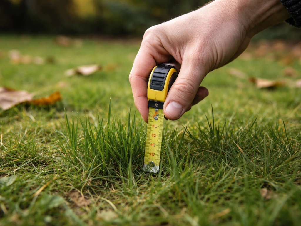 Jardin avec pelouse humide et brin d’herbe mesuré, météo ambiante, pour illustrer quand tondre en novembre.