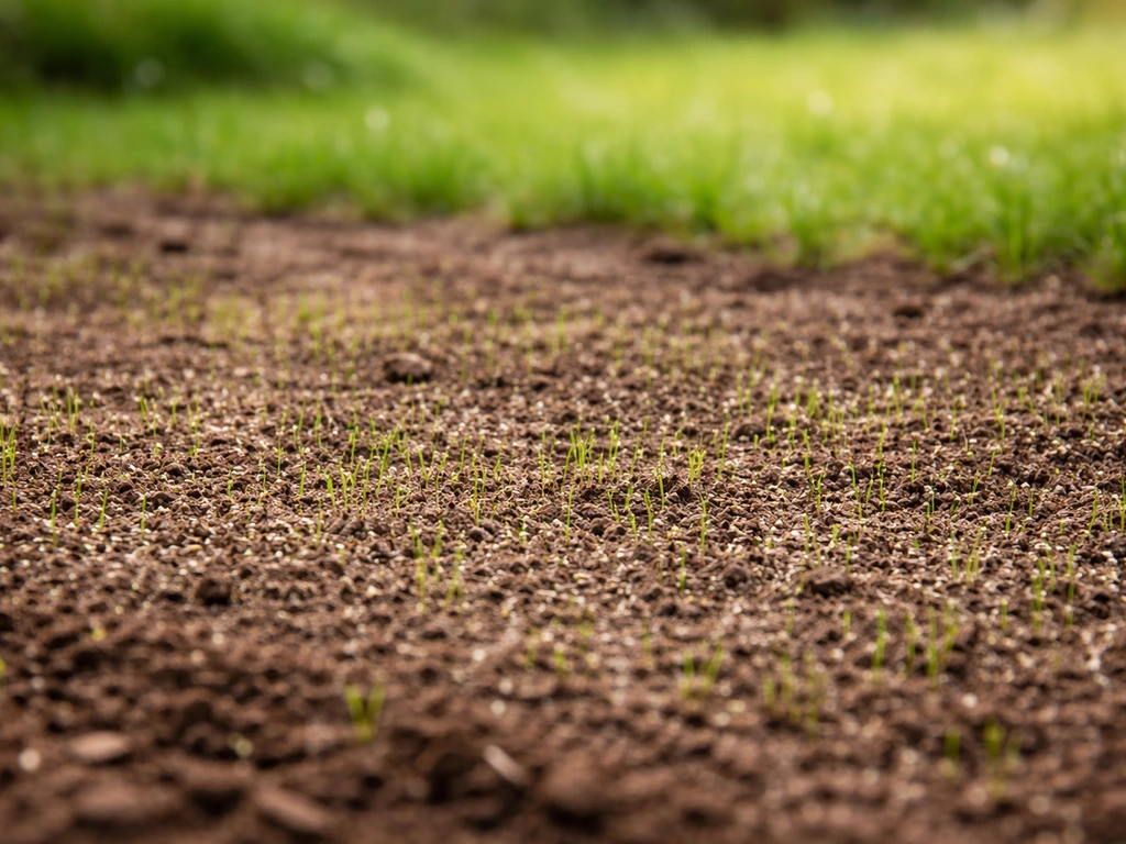 Zone de gazon fraîchement semée au printemps, graines visibles sur une terre préparée, lumière naturelle.