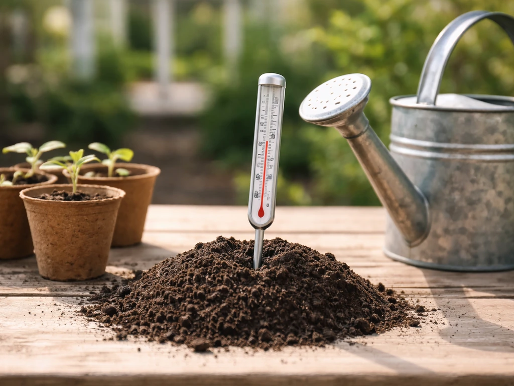 Petits pots de jardin sur une table, thermomètre de sol et arrosoir, évoquant le calendrier de plantation printanière.