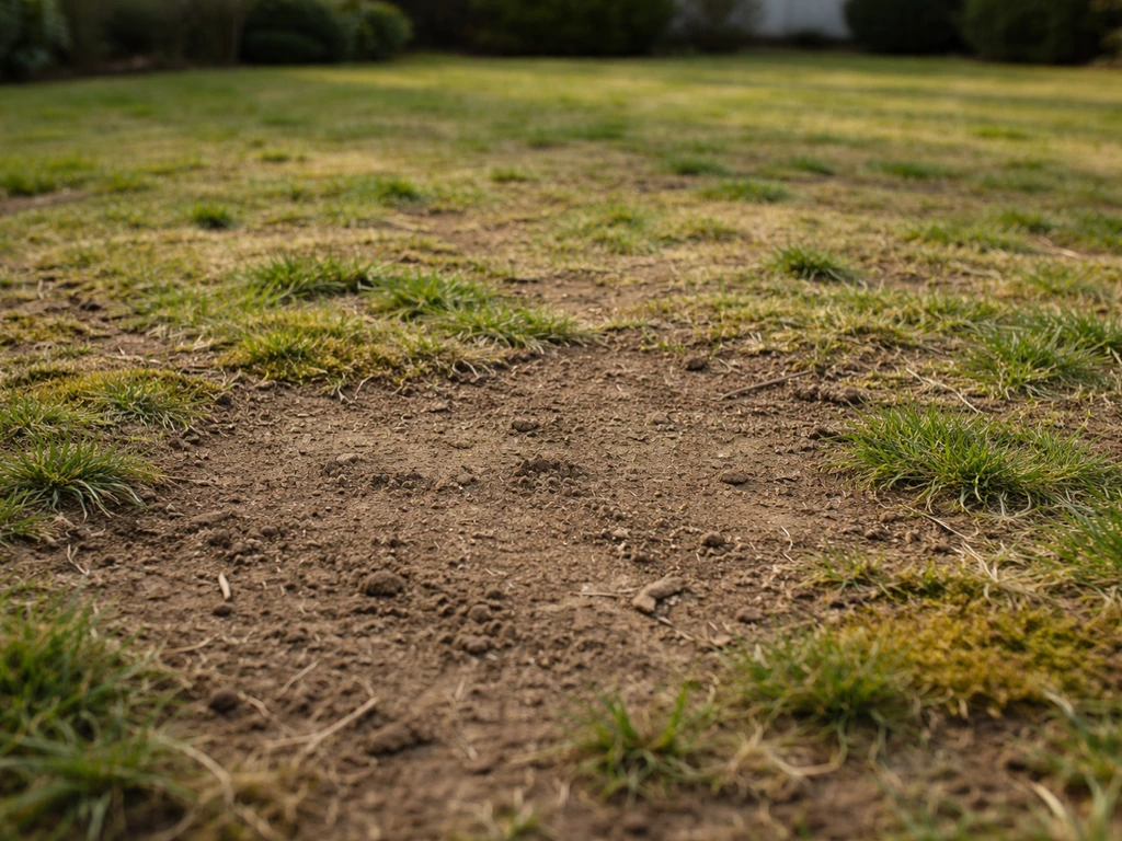 Pelouse clairsemée avec zones sèches, terre visible et un peu de mousse au ras du sol.