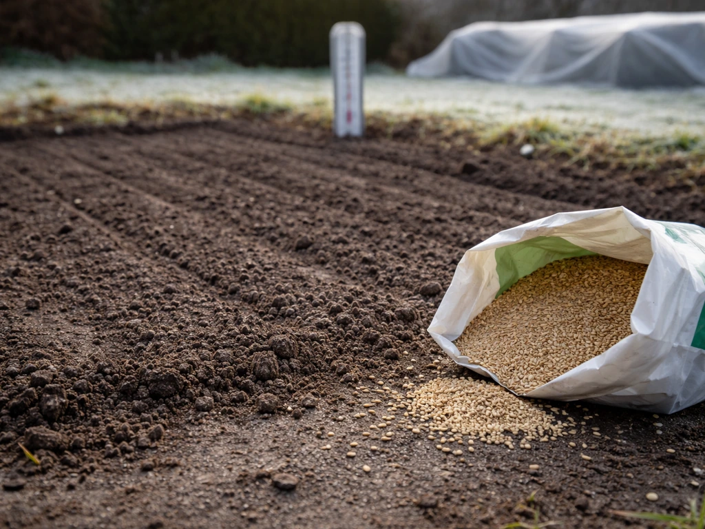 Zone de jardin en février avec râteau, lit de semences et sac de graines de gazon sur une pelouse en préparation.