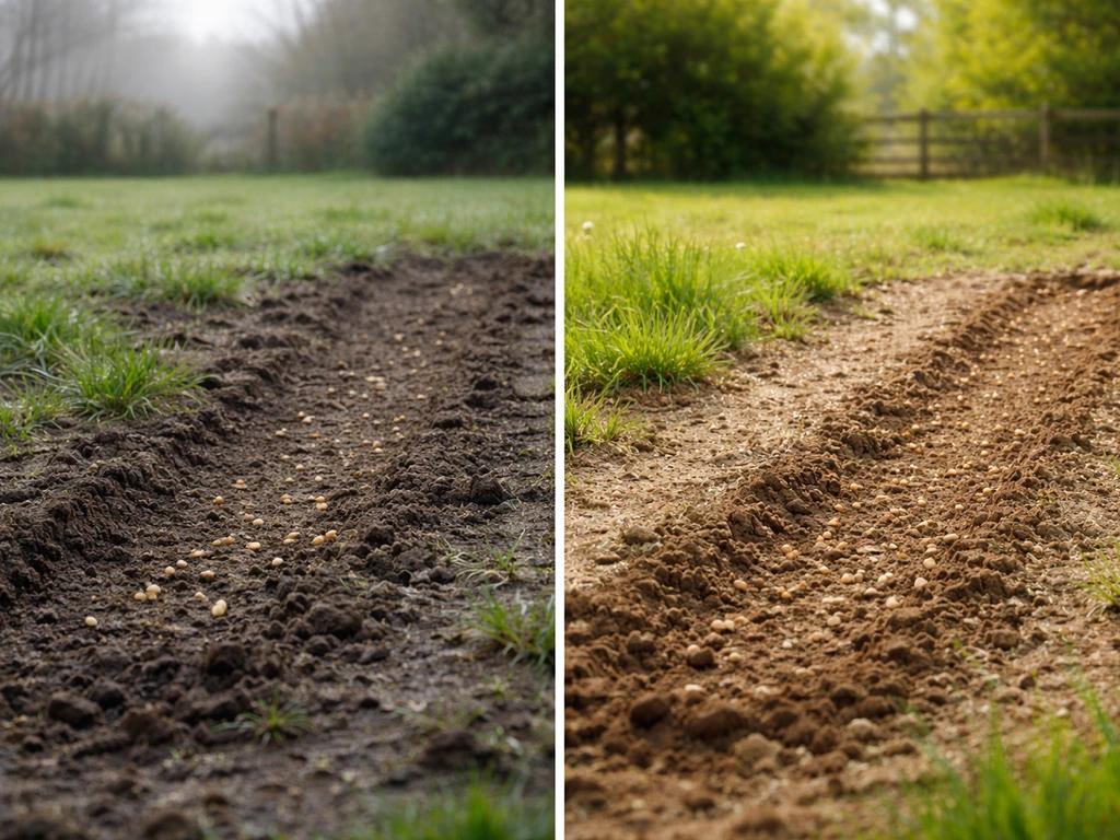 Comparaison de deux jardins en février : sol humide et froid à gauche, sol plus chaud et herbe verte à droite.