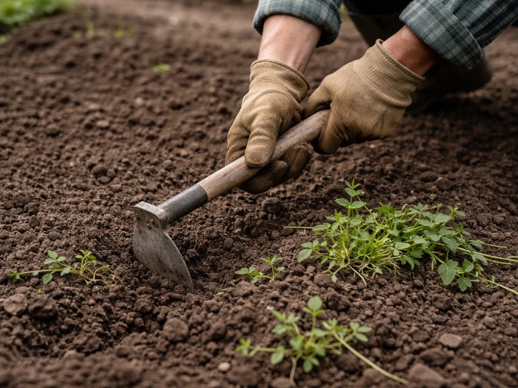 Main utilisant une binette pour arracher des mauvaises herbes sur un sol en cours de préparation