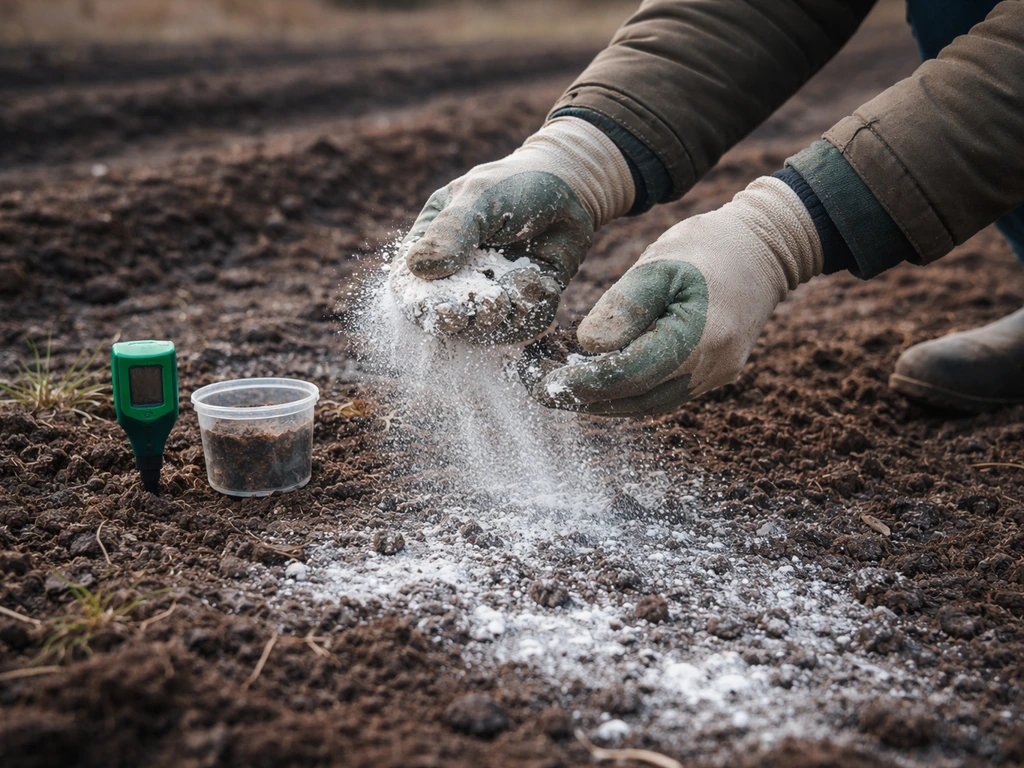 En février, un jardinier étale de la chaux ou du calcaire sur une parcelle, avec un petit test de pH au sol.