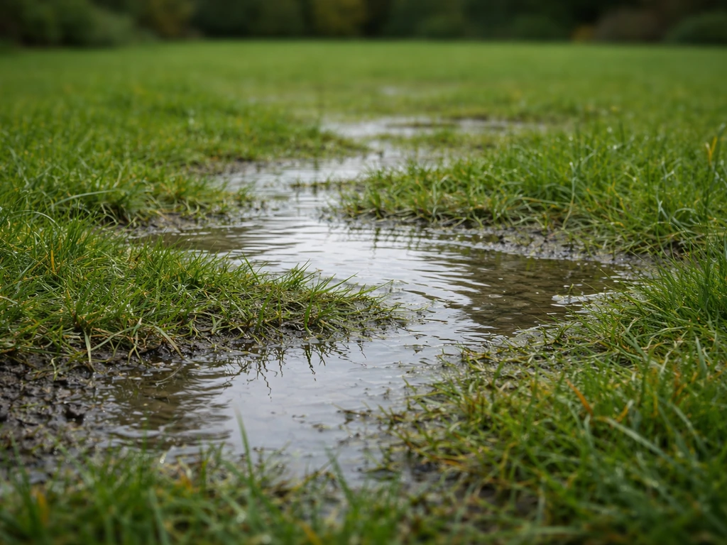 Pelouse après une pluie, flaques d’eau stagnante et sol peu drainant, suggérant qu’un carottage est nécessaire.