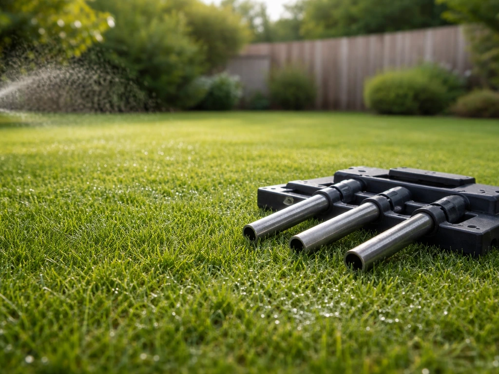 Jardin avant carottage : tondeuse, arrosage léger et outil au ras de l’herbe, préparation du sol