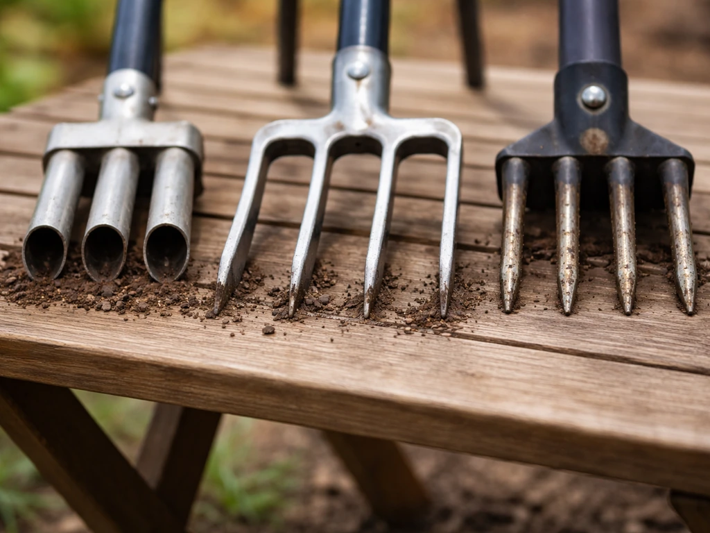 Gros plan côte à côte de trois outils d’aération et d’une carotteuse, pointes dirigées vers le sol.