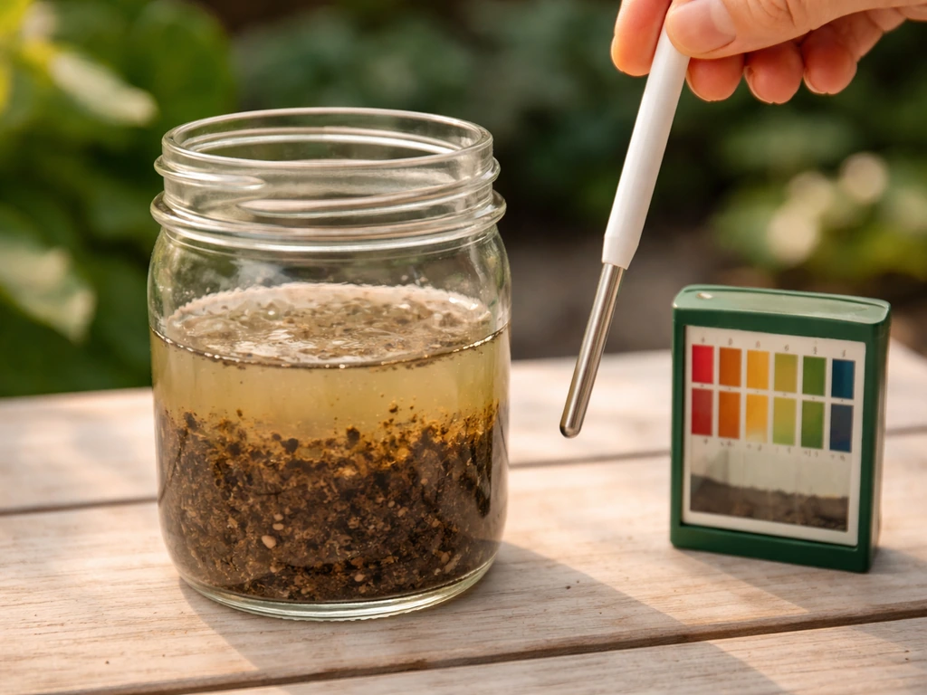 Bocal avec terre et eau sur une table, avec un appareil de mesure de pH prêt à être utilisé.