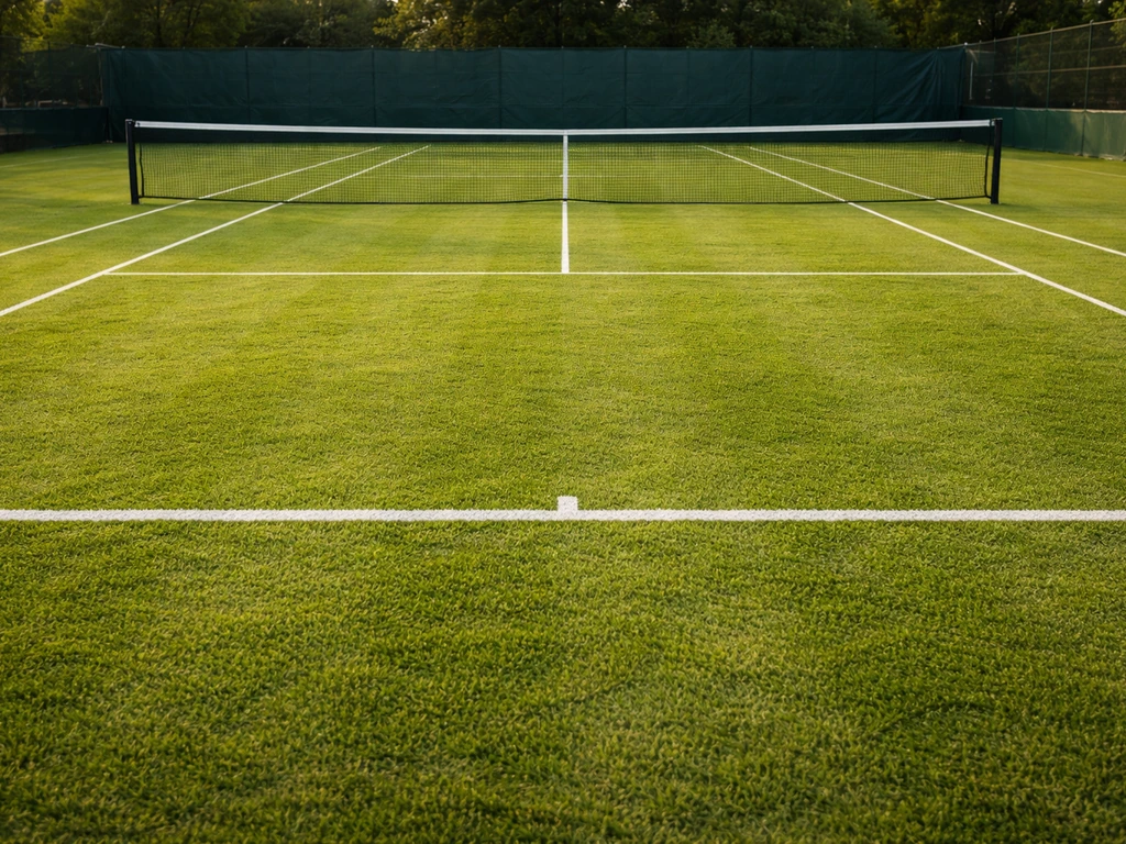 Court de tennis extérieur en gazon, lignes visibles et filet, herbe dense et surface bien entretenue