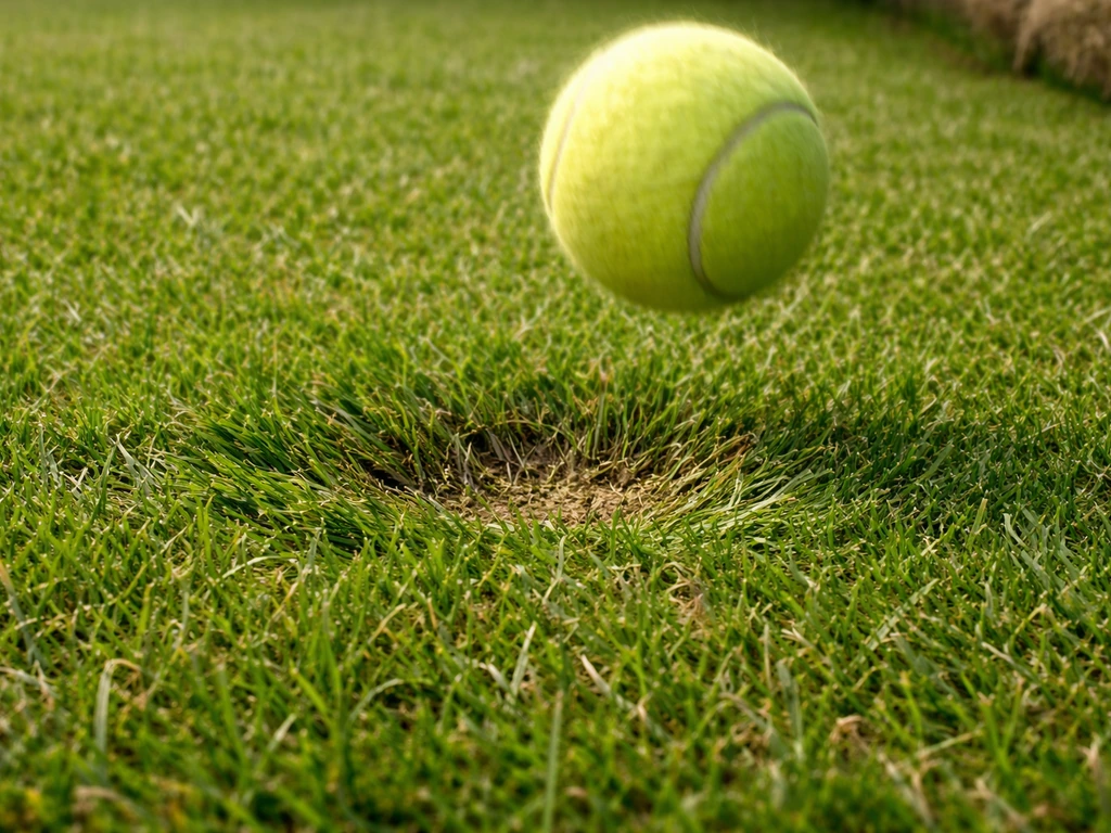 Plan rapproché d’un rouleau de gazon sur sol, brins écrasés à l’endroit de l’impact d’une balle de tennis.