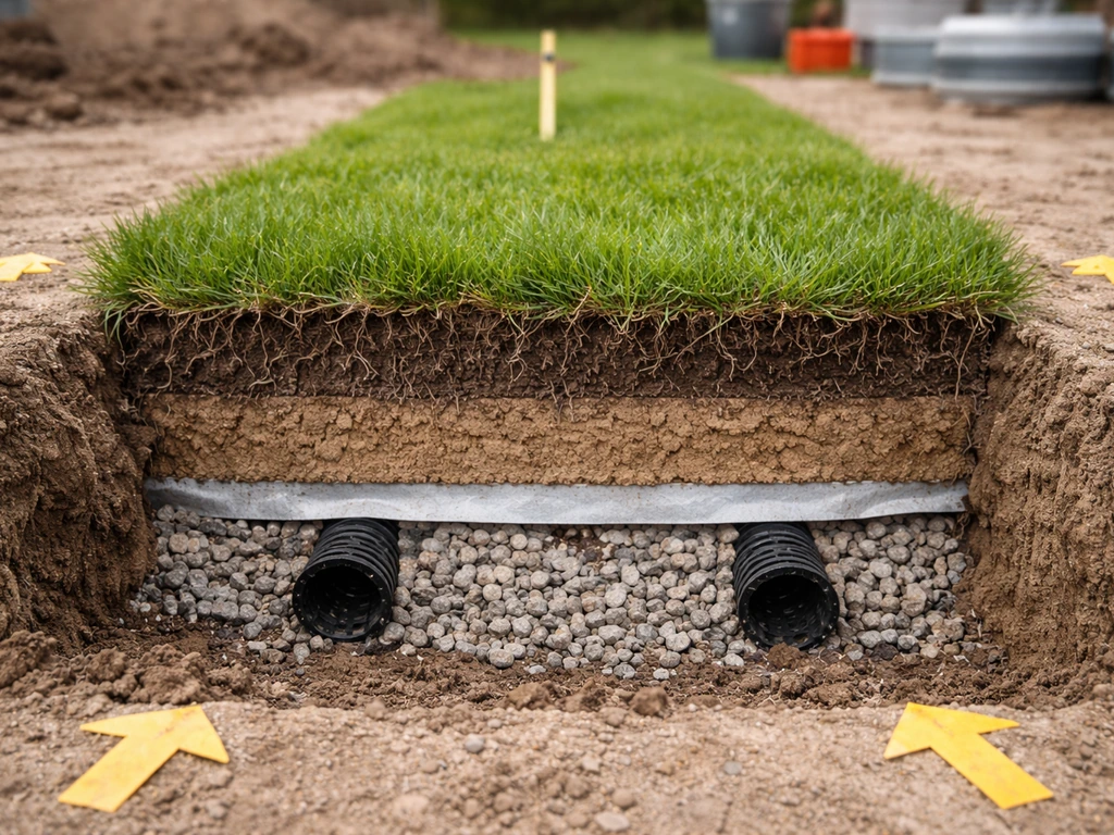 Coupe de terrain de sport avec couche de surface, substrat et drainage, vue chantier réaliste et minimaliste.