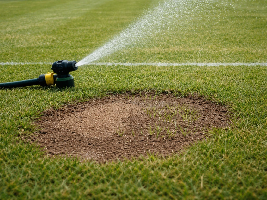 Zone de gazon abîmée sur un court de tennis, sursemée et arrosée immédiatement pour régénérer la surface.