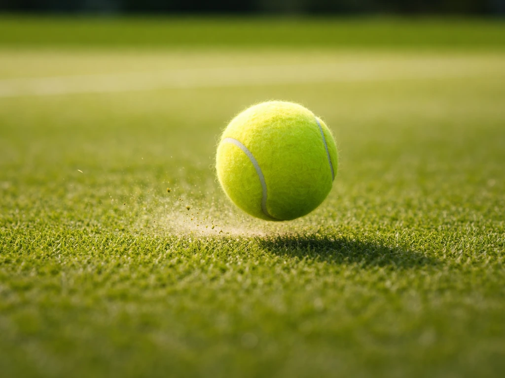 Ballon de tennis qui rebondit sur un gazon, avec micro-traînée au sol pour illustrer vitesse, rebond et glisse.