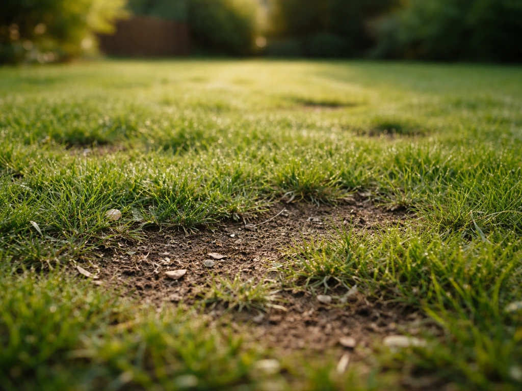 Gazon en lumière rasante avec zones clairsemées et sol nu visibles de près