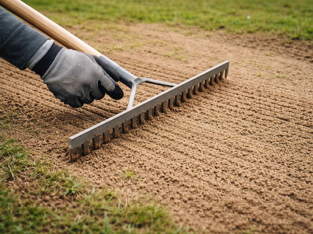 Une main étale au râteau un topdressing sable et compost sur une pelouse, surface uniformisée.