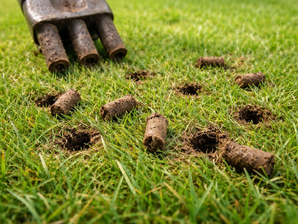 Gros plan d’une pelouse avec plusieurs petits trous après carottage, herbe et terre visibles