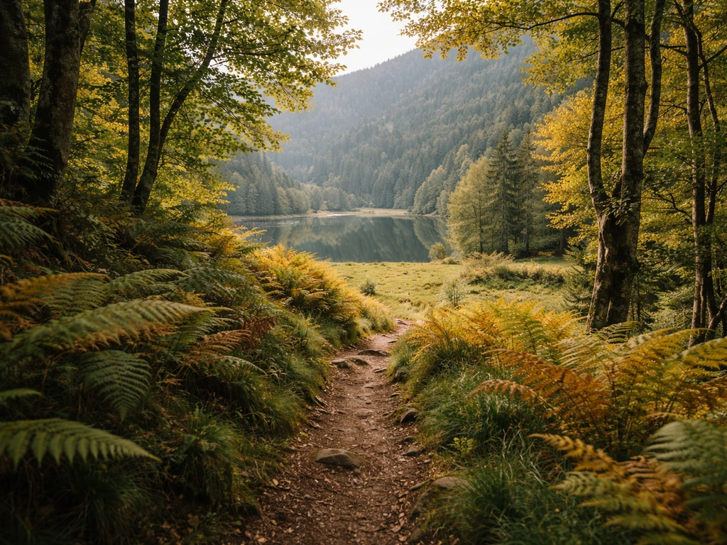 Sentier forestier des Vosges menant au lac des Perches, pelouse et reflets du lac, ambiance rando
