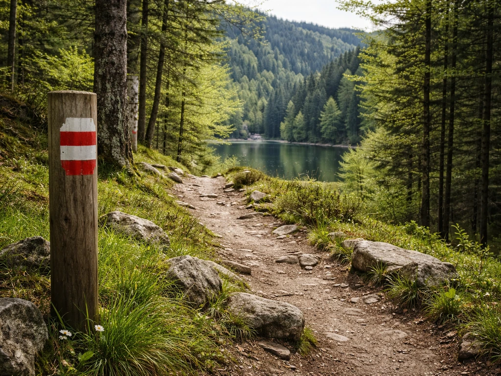 Sentier balisé en rouge près d’un lac des Vosges, poteau et panneau sans texte, ambiance randonnée