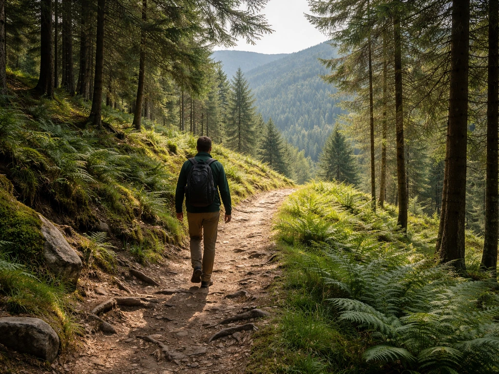 Un randonneur sur un sentier boisé des Vosges, pente visible évoquant une boucle de 9 à 11 km et 350 m de dénivelé.