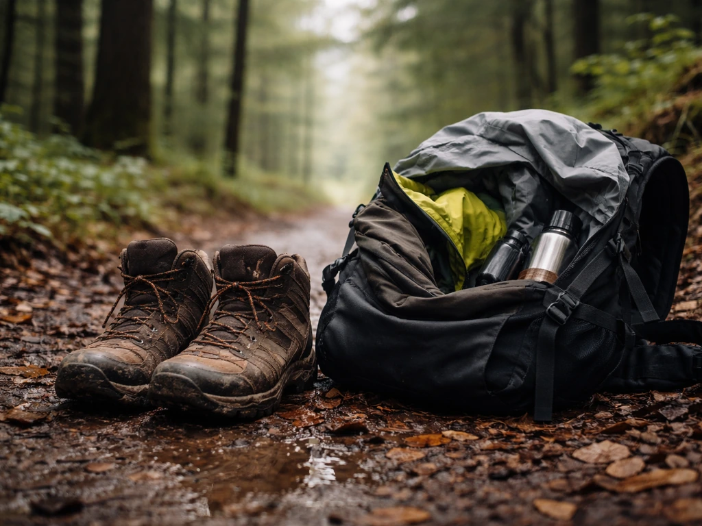 Chaussures de randonnée et équipement imperméable posés sur un sentier humide en forêt des Vosges.